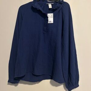 New! Navy Blue Peasant Blouse - 100% Cotton - H&M NWT